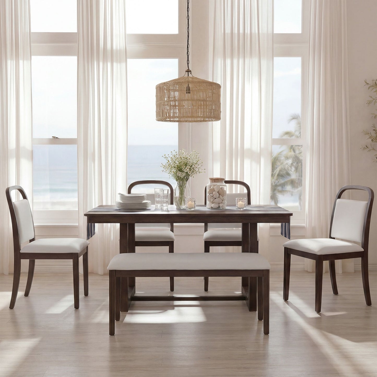 Farmhouse Dining Set With 4 Upholstered Chairs & 1 Bench