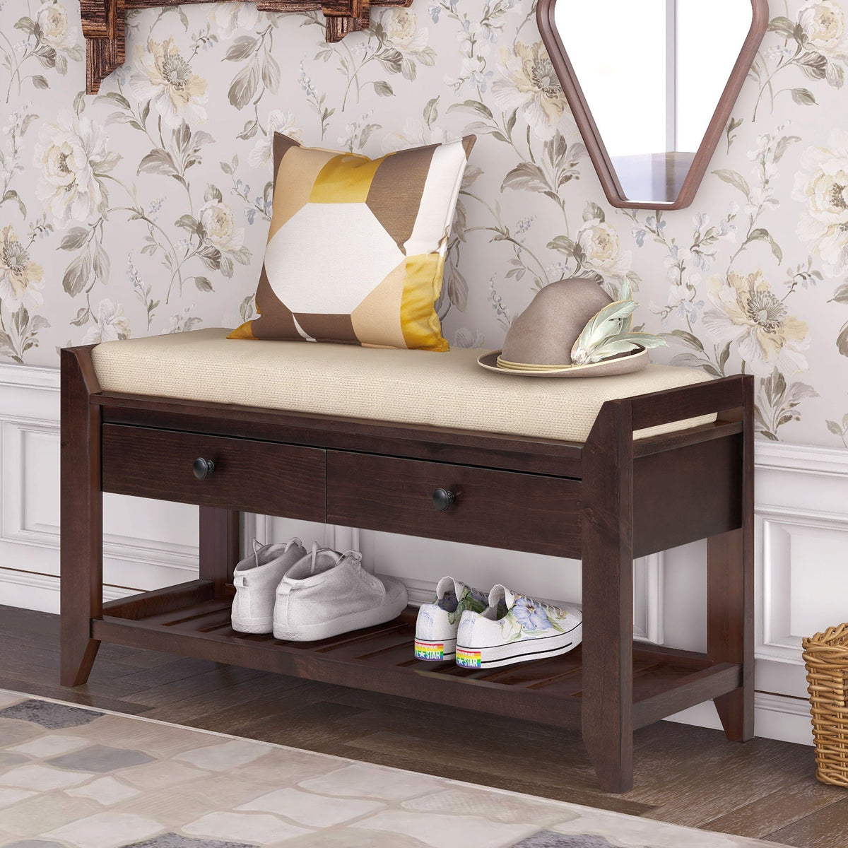Multipurpose Entryway Shoe Rack With Cushioned Seat And Drawers