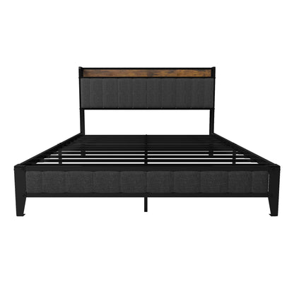 Bed With Charging Station, American Design Upholstered Headboard, Metal Platform