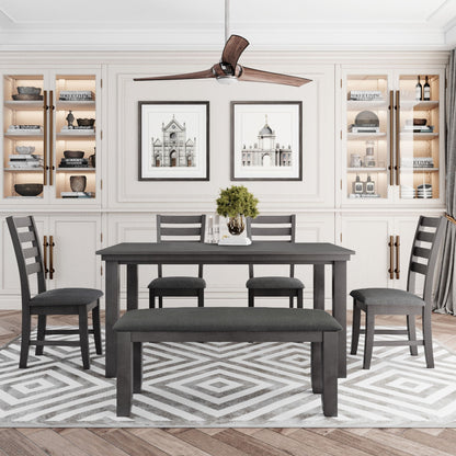Dining Set For 6, Upholstered Chairs, Includes Table, 4 Chairs, And 2 Person Bench - Gray