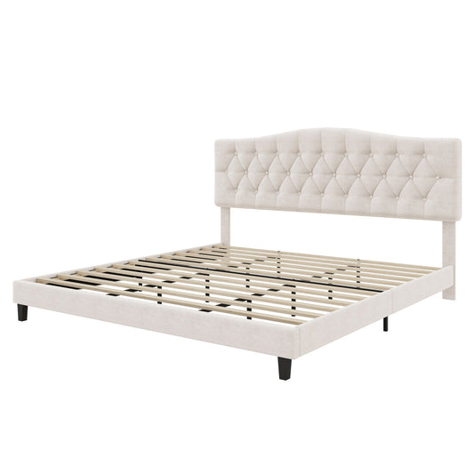 King Upholstered Platform Bed With Curved Adjustable Headboard And Diamond Tufted Details, No Box Spring Needed - Beige