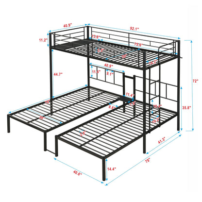 Twin Over Twin Over Twin Triple Bunk Bed With Safety Rails And Storage Shelf - Black