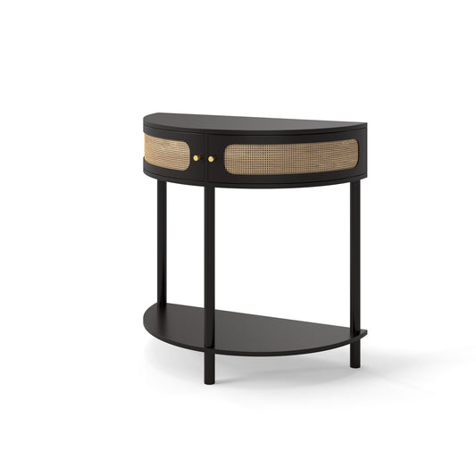 Boho Rattan Semi Circle End Table With Sliding Rattan Door, Storage And Bottom Shelf