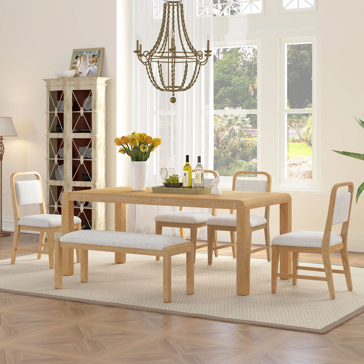 Extendable Dining Table Set With 4 Upholstered Chairs And 1 Bench