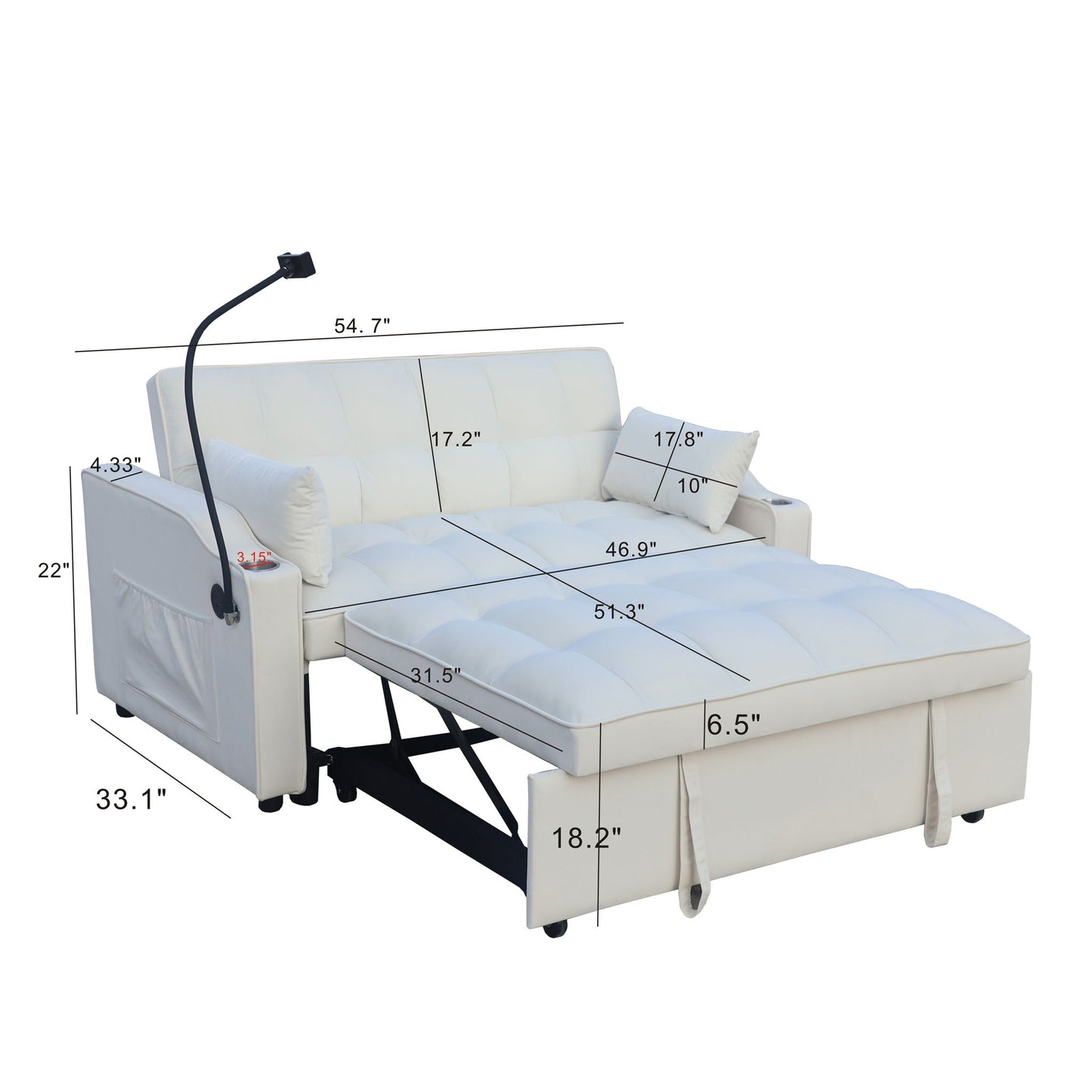 Modern Loveseat With Pullout Bed, Adjustable Reclining Backrest