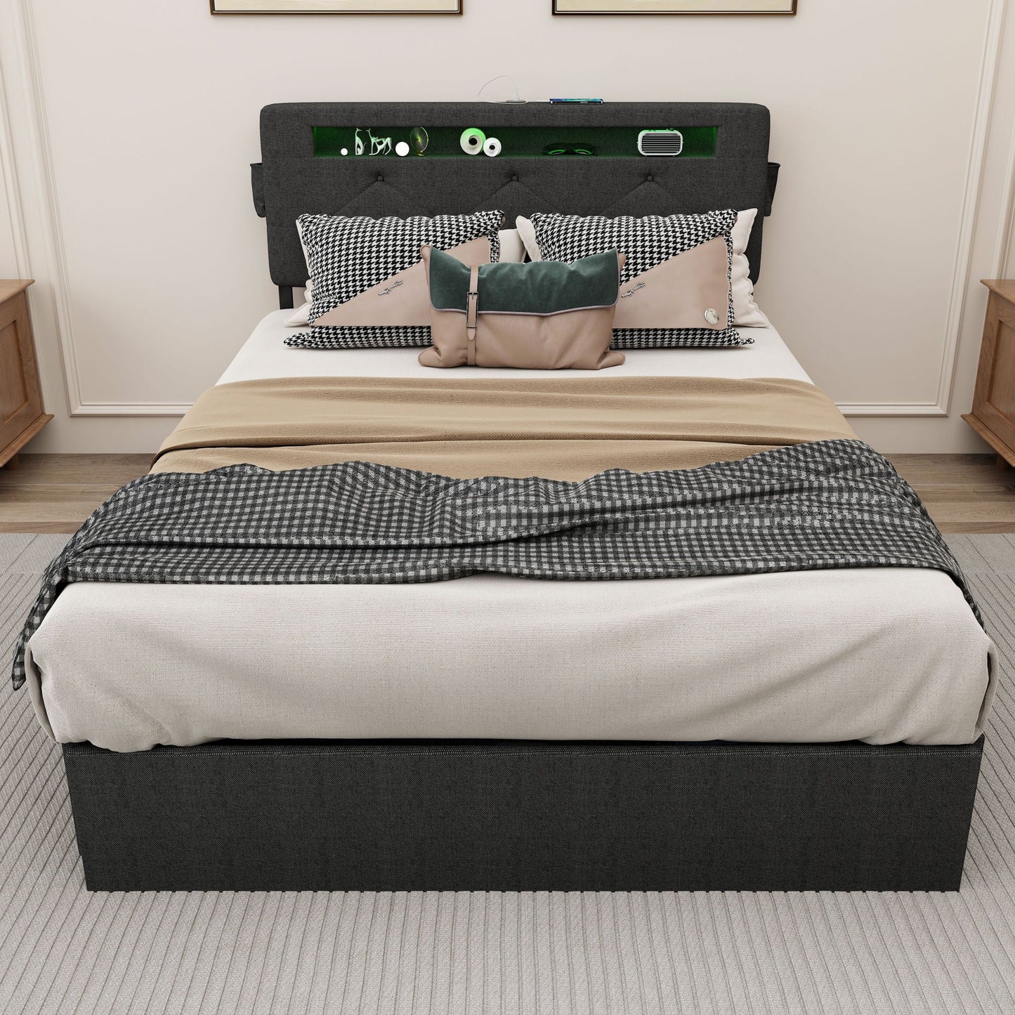 Bed With USB Charging Station, LED Lights, Headboard & Storage Drawers