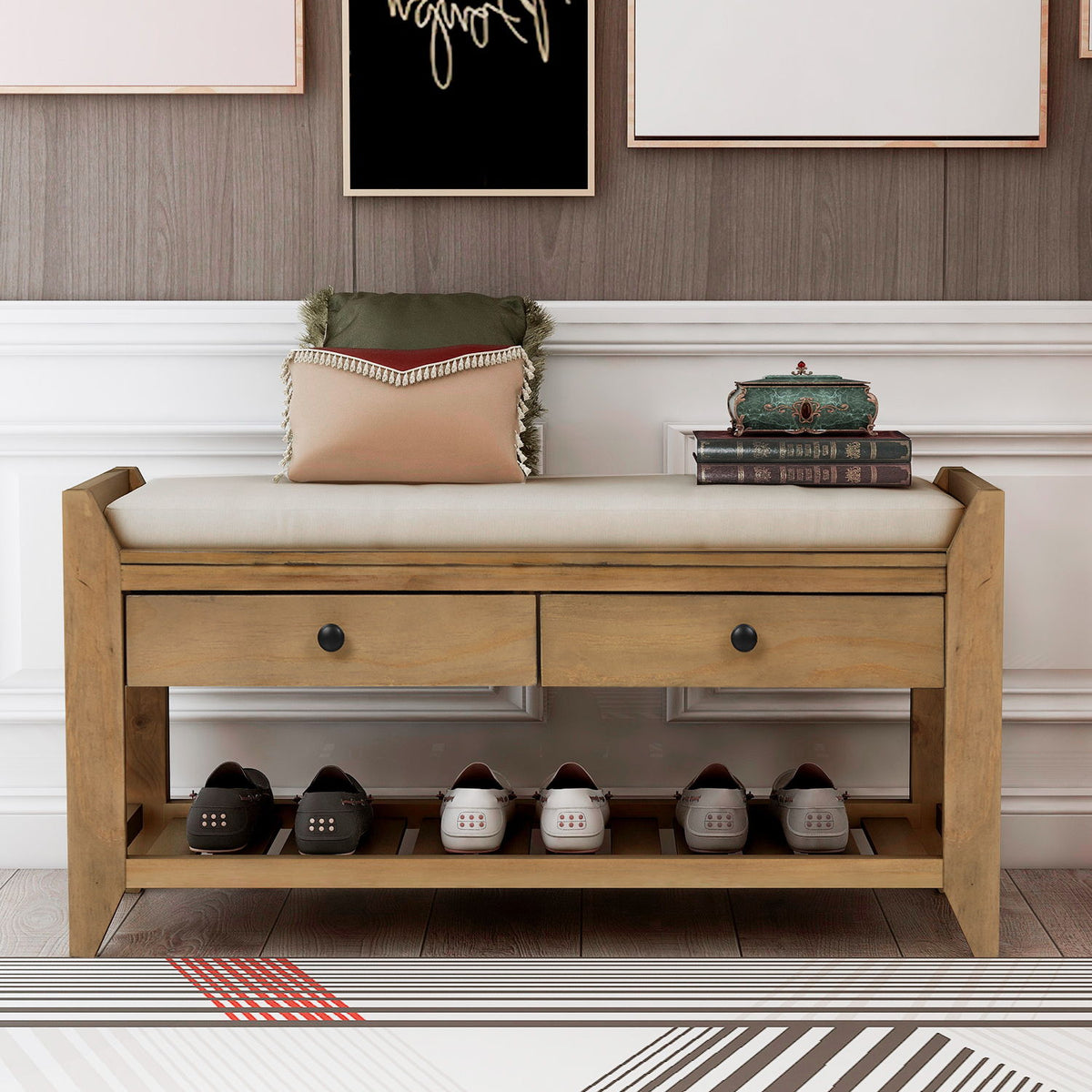 Multipurpose Entryway Shoe Rack With Cushioned Seat And Drawers