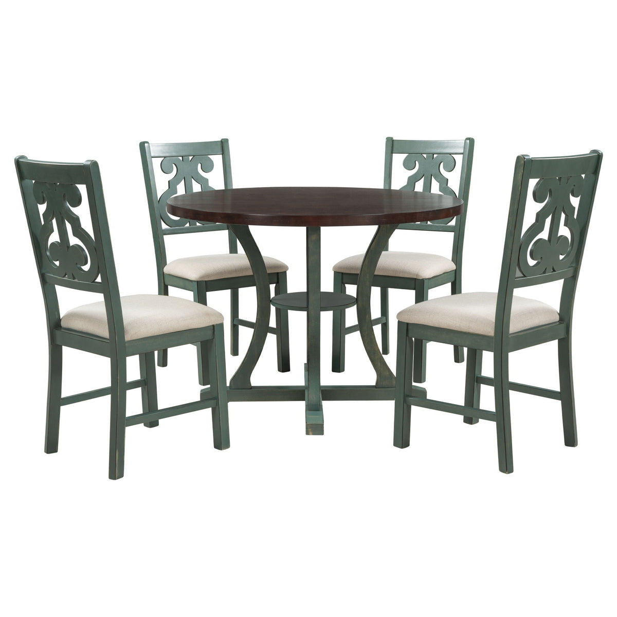 5 Piece Round Dining Table And Chair Set With Unique Legs And Hollow Chair Back