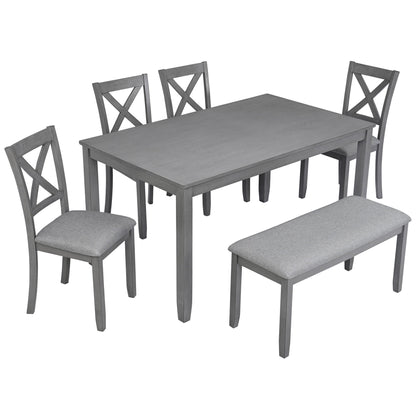 6 Pieces Kitchen Dining Set, Rectangular Wooden Dining Table With 4 Chairs And A Bench