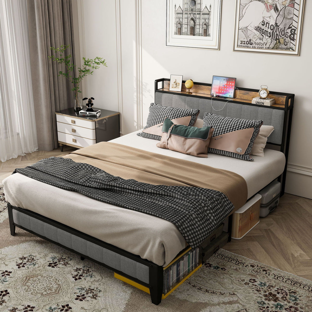 Bed With Charging Station, American Design Upholstered Headboard, Metal Platform