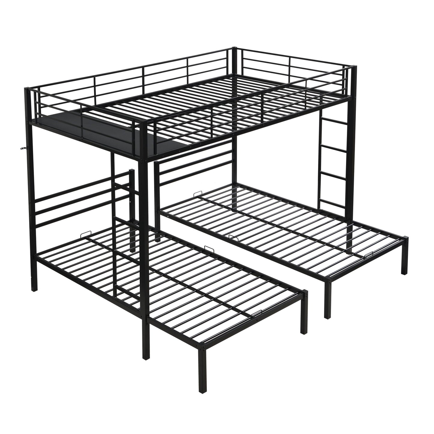 Modern Metal Triple Bunk Bed With Vertical Ladder, Safety Rail, And Storage Shelf - Black
