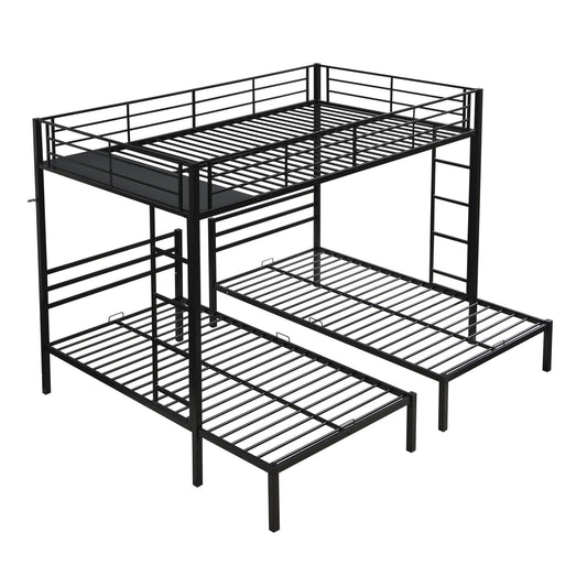 Modern Metal Triple Bunk Bed With Vertical Ladder, Safety Rail, And Storage Shelf - Black