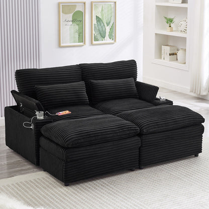 Convertible Loveseat Sofa With Storage, USB Ports, Cup Holders