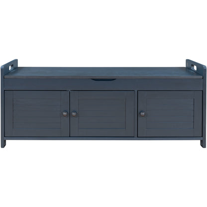 Storage Bench With 3 Shutter-Shaped Doors, Shoe Bench With Removable Cushion And Hidden Storage Space
