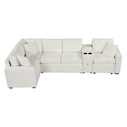 Contemporary L Shaped Convertible Sofa Bed With Pull Out Bed, Cup Holders, And Storage