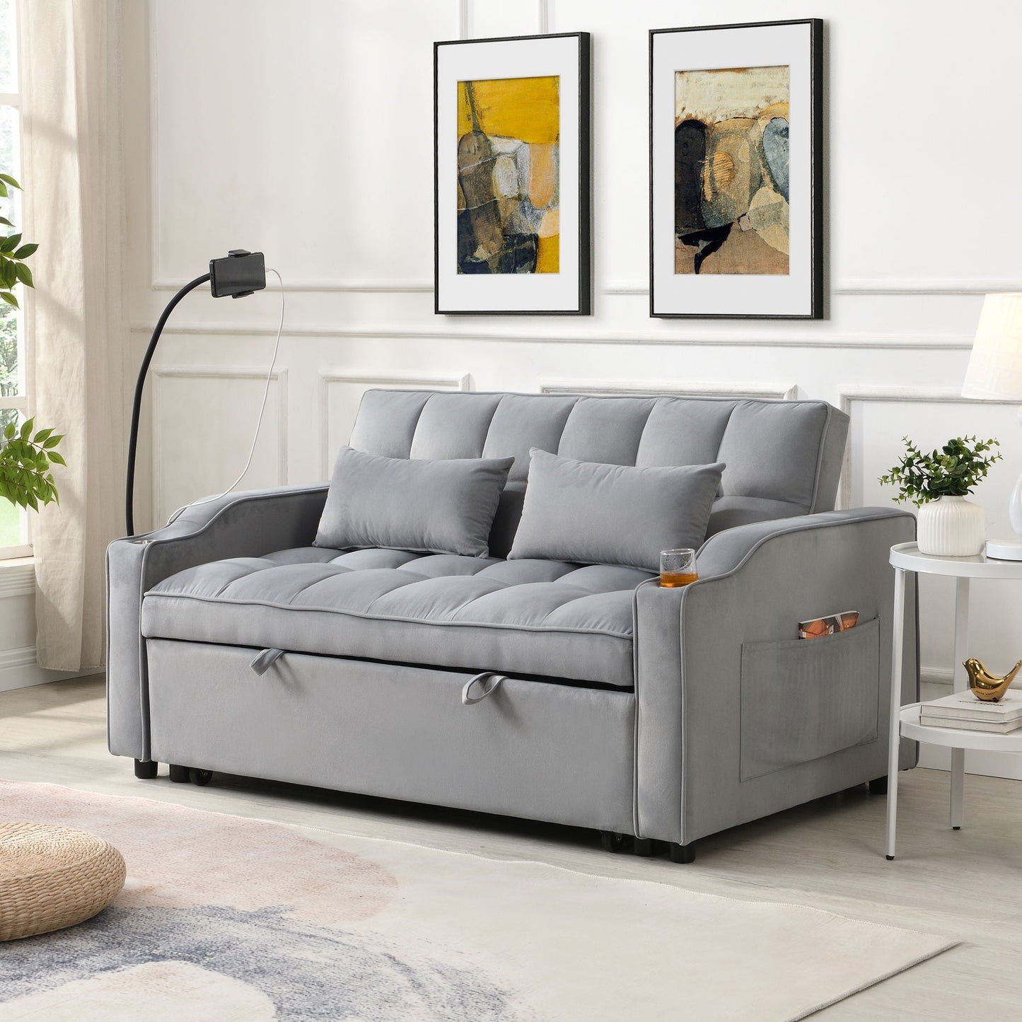 Modern Loveseat With Pullout Bed, Adjustable Reclining Backrest