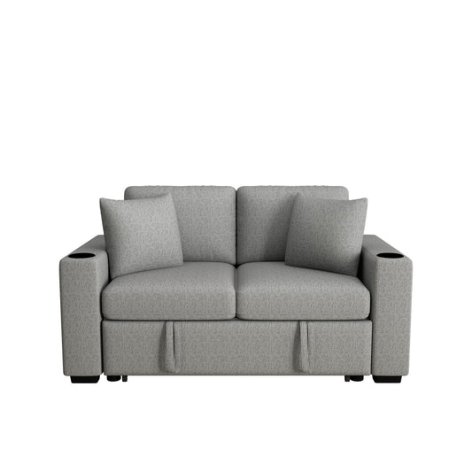 Modern 2 Seater Loveseat Sofa With Pull-Out Bed, Fabric, Built-In USB Ports & Cup Holders