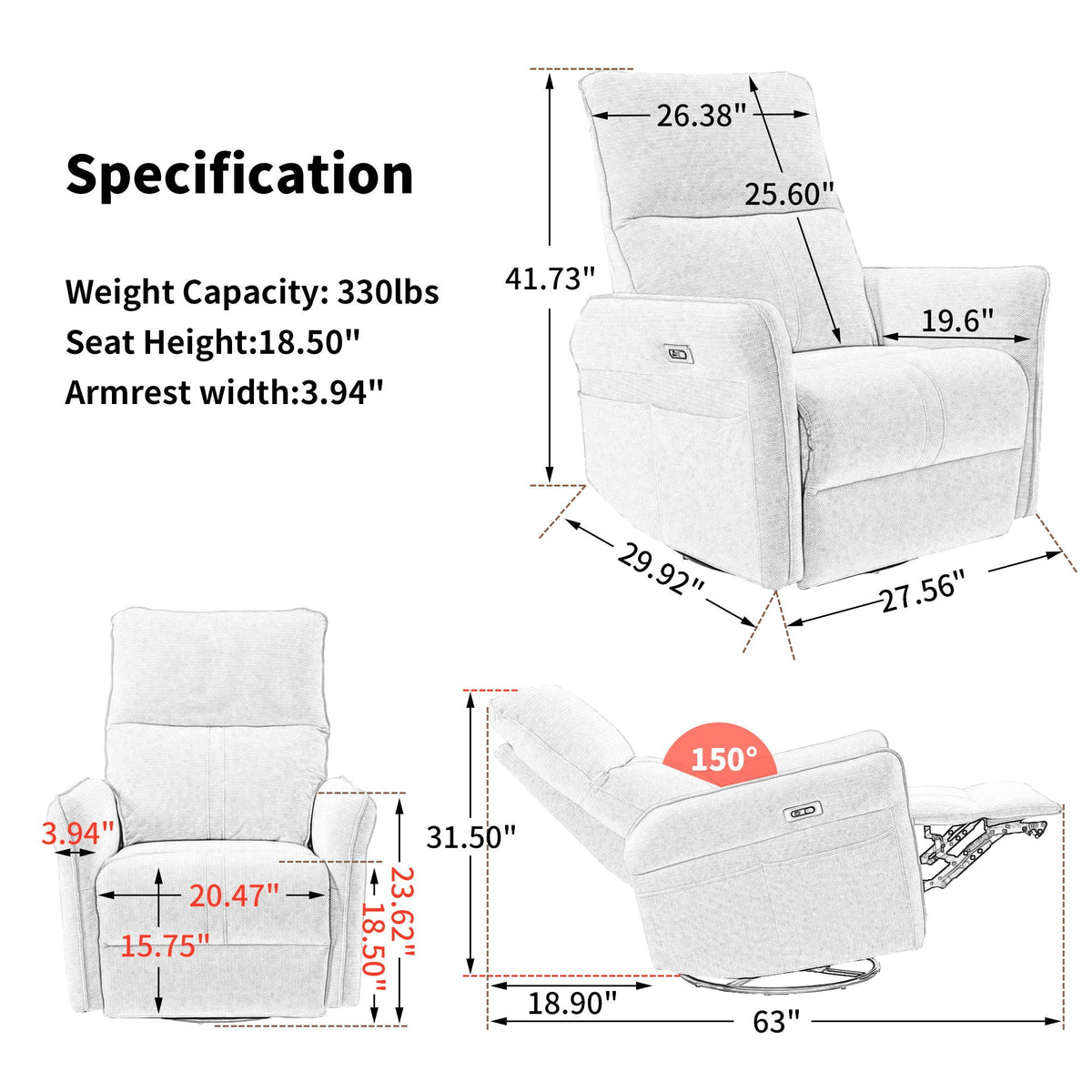 29.92" 270 Power Swivel Rocker Recliner Chair, Electric Glider Reclining Sofa With USB Ports, Power Swivel Glider, Rocking Chair Nursery Recliners For Living Room Bedroom