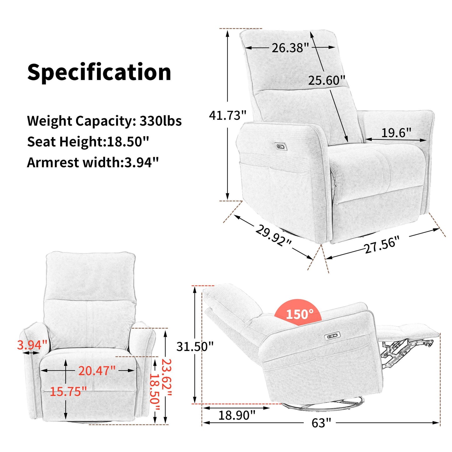 29.92" 270 Power Swivel Rocker Recliner Chair, Electric Glider Reclining Sofa With USB Ports, Power Swivel Glider, Rocking Chair Nursery Recliners For Living Room Bedroom