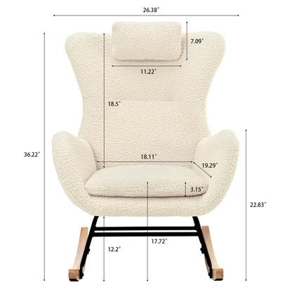 Rocking Chair Nursery, Teddy Upholstered Rocker Glider Chair With High Backrest, Adjustable Headrest & Pocket, Comfy Glider Chair For Nursery, Bedroom, Living Room, Offices, Rubber Wood