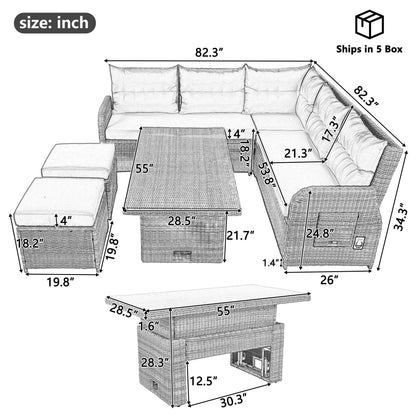 Outdoor Furniture Set Patio Rattan Furniture Set With Adjustable Table, Recliners With Extendable Side Tables And 2 Ottomans