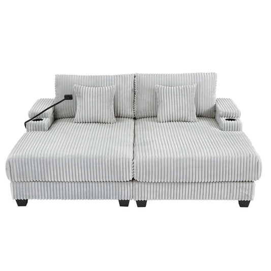 Chaise Sofa With Adjustable Backrest, Cup Holders, Phone Holder & Storage Compartments For Living Room - Light Gray