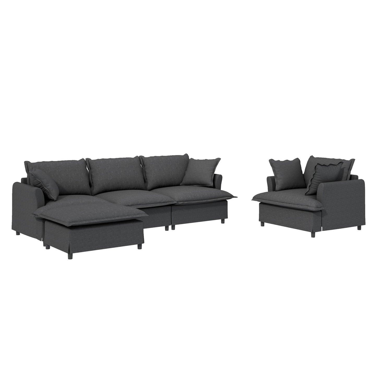 3 Piece Living Room Set Modular L Shaped Sectional Couch Upholstered, 3 Seater Sofa & Armchair & Movable Ottoman 5 Seat - Gray