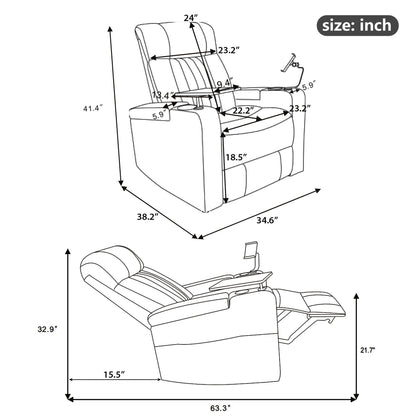 270° Power Swivel Recliner Home Theater Chair With Hidden Arm Storage, LED Light, Cup Holder, And Tray Table