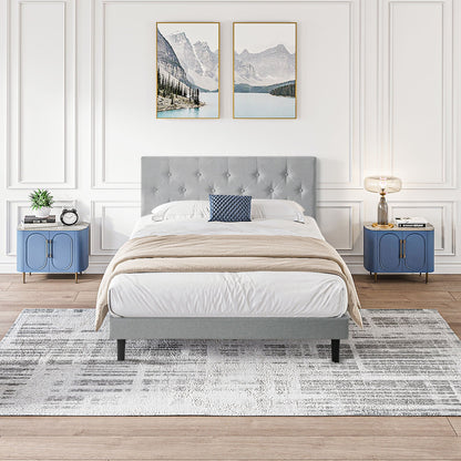 Modern Upholstered Platform Bed Frame With Button Tufted Linen Fabric Headboard