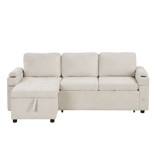 Convertible L Shaped Sofa Couch With Storage, Cup Holders, USB Ports