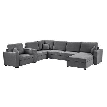 Modular 5 Seat U-Shape Sectional Sofa With Chaise Lounge, Built In Cup Holders And Storage Drawer
