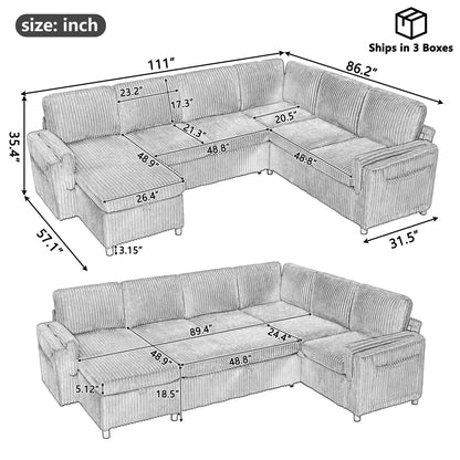Convertible U-Shaped Sectional Sofa Bed With USB Ports And Storage