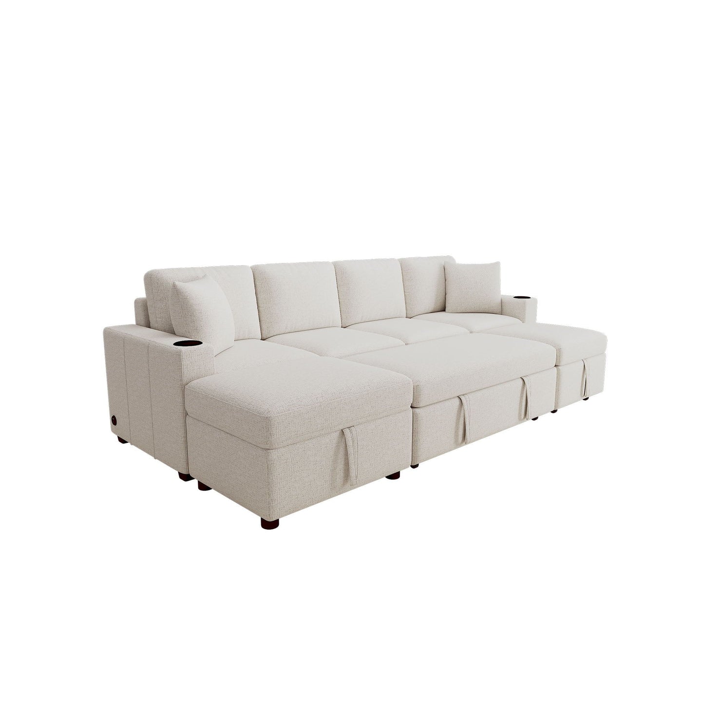 Sectional Sofa Convertible Pull-Out Bed With Storage Ottoman & USB Ports
