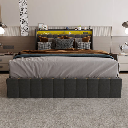 Bed With LED Lights, 4 Drawers, Winged Headboard Upholstered