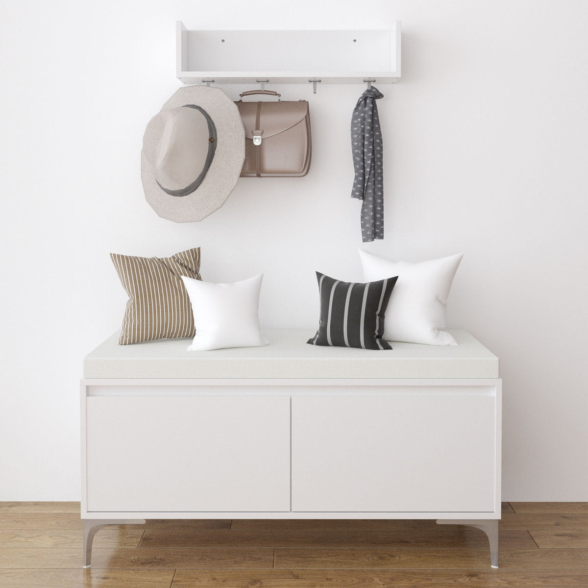 Wall Mounted Entryway Shelf With Hooks And Storage Bench Set - Off White