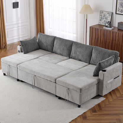 Sectional Sofa Bed With Pull Out Sleeper, USB Ports, Cup Holders