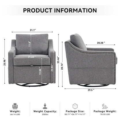 Linen Fabric 360° Swivel Accent Chair With Upholstered Back Pillow And Rivet Armrest